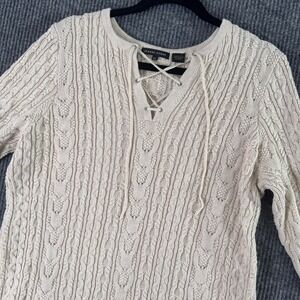Beige Cable Knit‎ Sweater Womens XL Lace Up Chunky Pullover Cozy Cottagecore Y2K